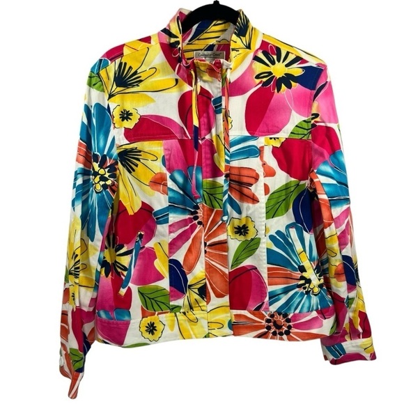 Coldwater Creek Colorful Floral Denim‎ Zip Front Jacket Size 12 Feminine Artsy - Picture 1 of 9